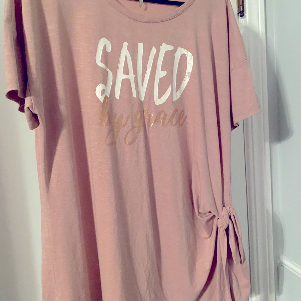Est. 1846-Blush pink top with side tie - Size Lrg. with words “Saved By Grace”